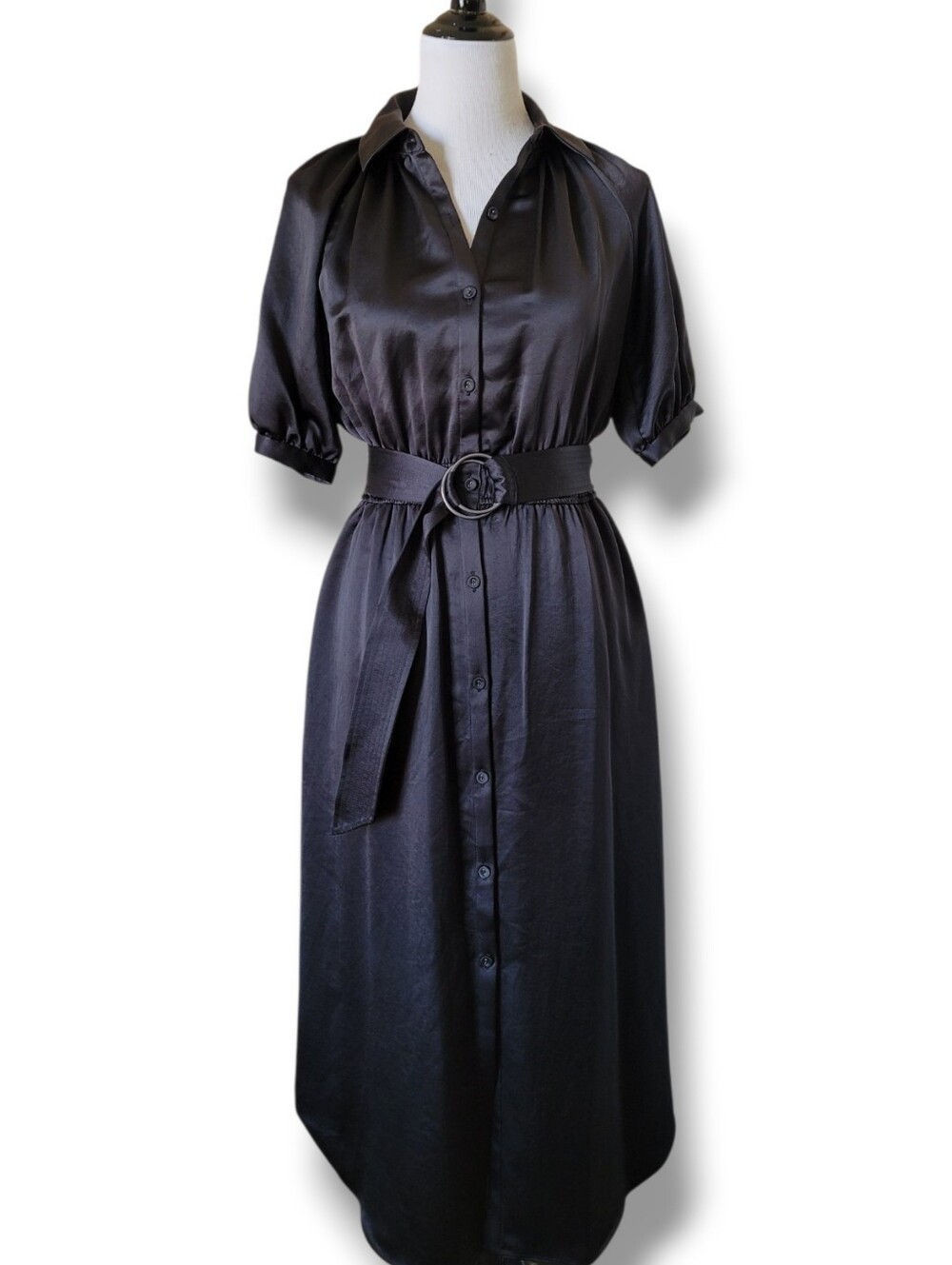 Ramy Brook Janiyah Black Satin Shirtdress Midi Puff Sleeve